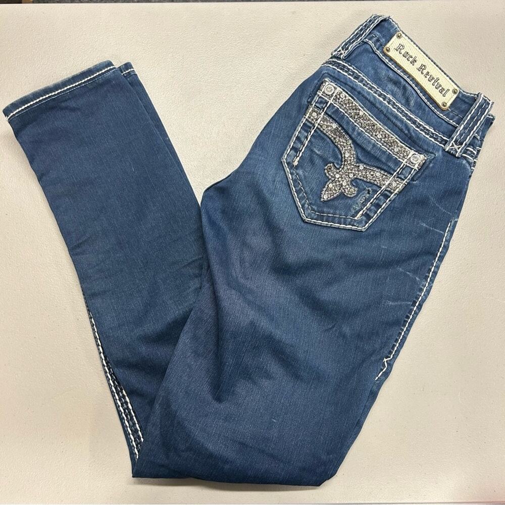 Buckle Rock Revival Denim Sherry 518 Blue Jeans Bling Pockets Womens Size 26